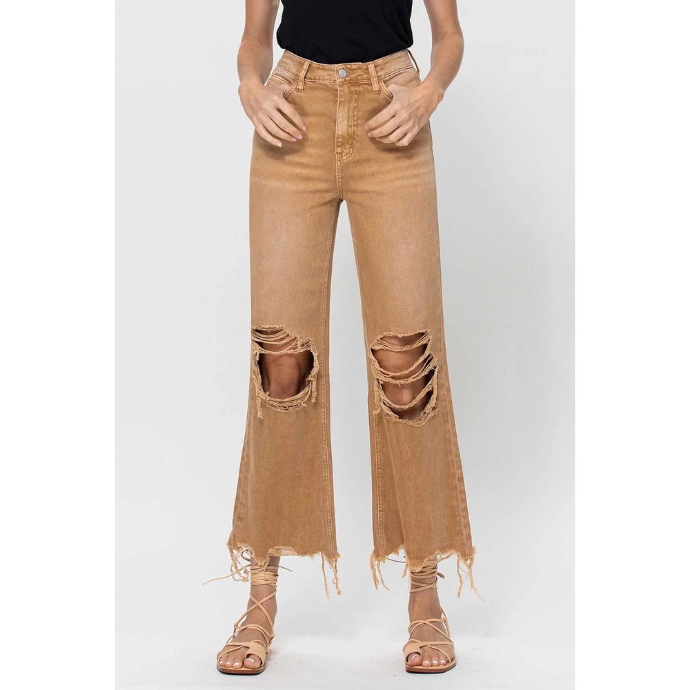High-Rise Distressed Cropped Jeans in Tan